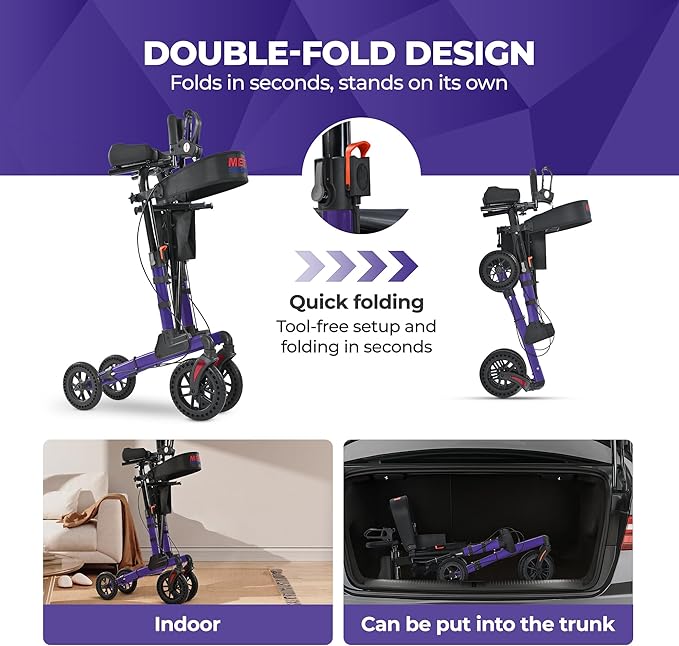 Metro Mobility Rollator Walker with Seat for Seniors, Foldable Lightweight Rolling Walker, 10" Big Front Shock-Absorbing Honeycomb Wheels for All Terrain, 300 lb. Weight Capacity, Purple