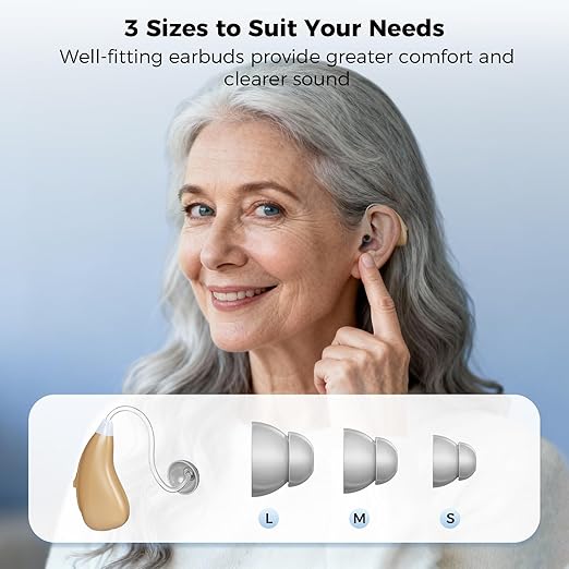 OTC Hearing Aids for Seniors & Adults - Rechargeable, 25+ Hour Battery Life, Advanced Noise Cancellation, 5-Level Volume & Memory, Clear Sound, Comfort-Fit, LED Display (Black)