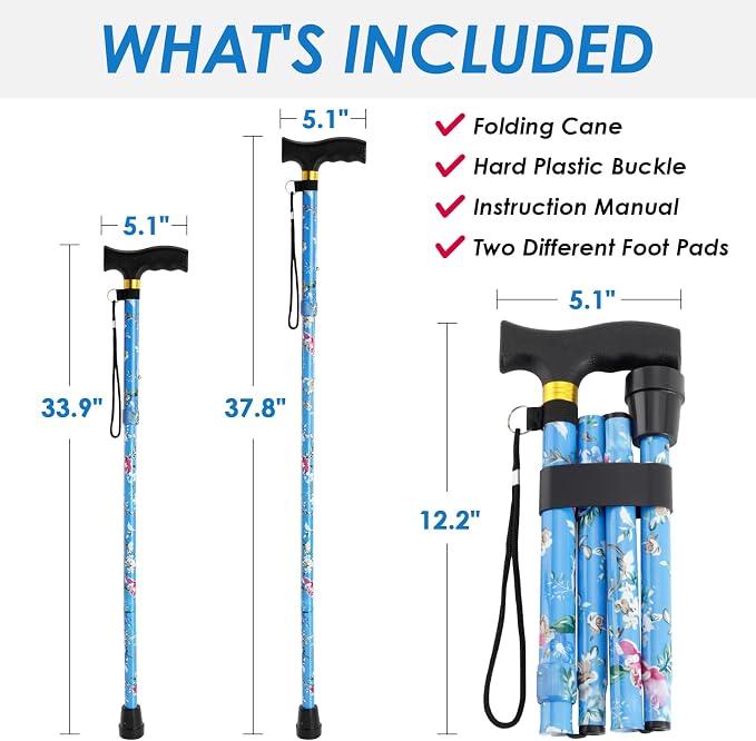 Walking Cane PANZHENG Cane for Man/Woman | Mobility & Daily Living Aids | 5-Level Height Adjustable Walking Stick | Comfortable Plastic T-Handle Portable Walking Stick Folding Cane