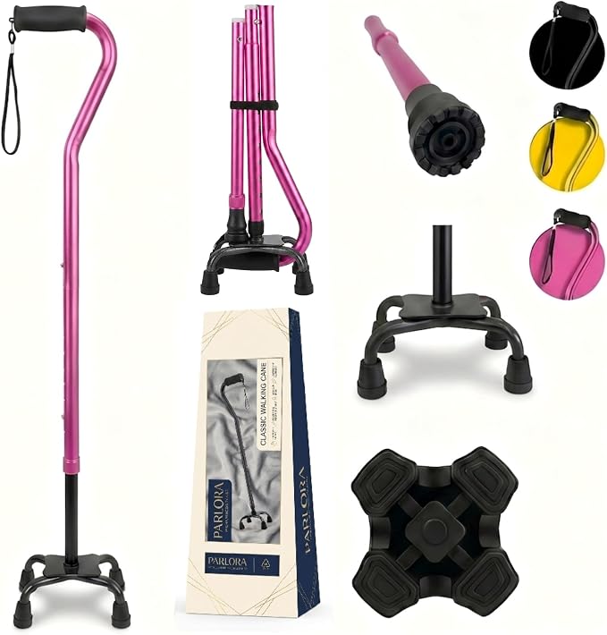 PARLORA Walking Cane 4 Prong for Stability - 3-in-1 Foldable Heavy Duty Cane with Interchangeable Quad & Single Bases, 8 Adjustable Heights, Offset Handle & Wrist Strap for Women, Men & Seniors