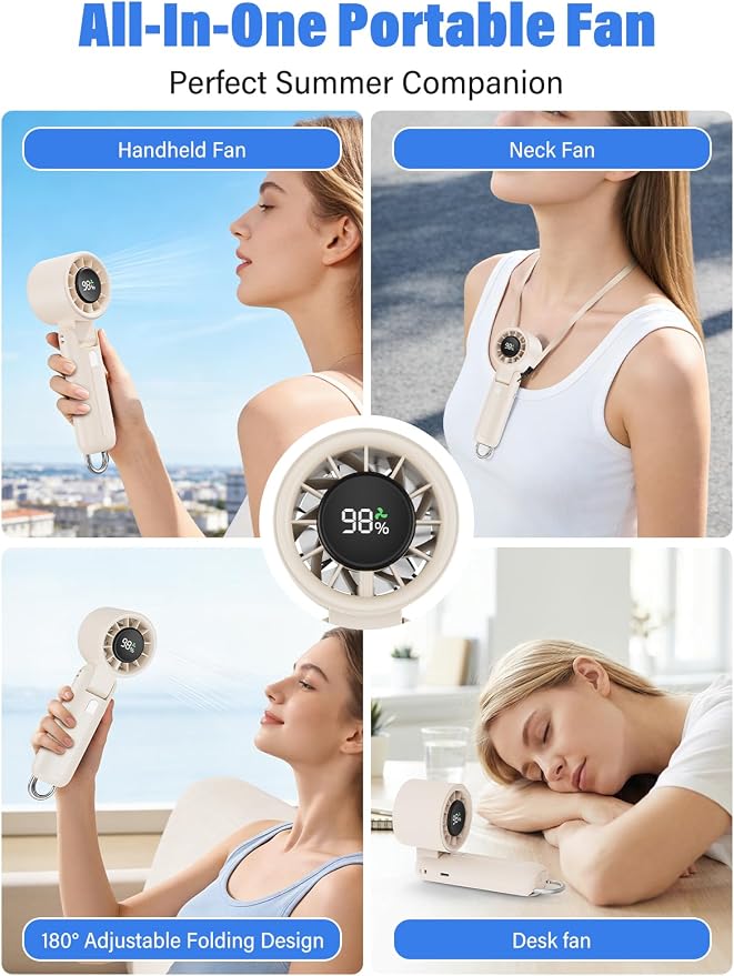 AI Handheld Fan Turbo, 100-Speed Portable Fan Rechargeable, Mini Fan with 12800 RPM Strong Airflow, Foldable 4-in-1 Personal Fan for Travel, Camping, Beach & Office, USB-C & Lightweight & Quiet