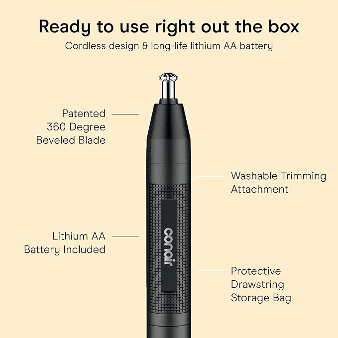 ConairMAN 360° Bevel Blade Ear and Nose Trimmer | Patented 360° Beveled Blade Trims Ear, Nose, and Brows with No Pulling, Black/Silver, PG1000LL