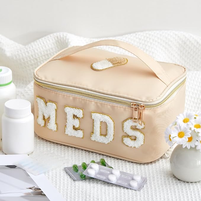 Geetery Clear Makeup Bag Chenille Letter Meds Bag Travel Cases Preppy Patch with Zipper, Portable Cosmetic Toiletry Storage case for Women(Meds,Cream)