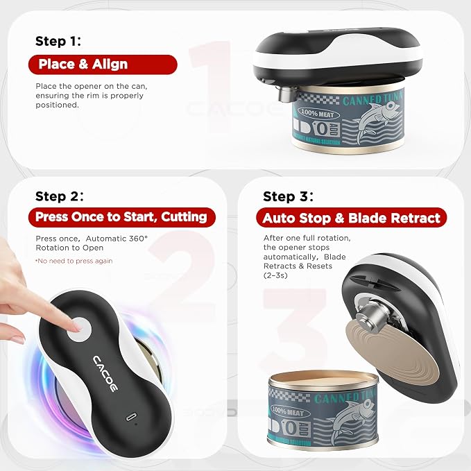 CACOE Automatic Smart Electric Can Opener with Auto Stop & USB-C Charging | Cordless Can Opener for Elderly and Arthritic Users for Seniors & Arthritis, Effortless One-Touch Open (black)