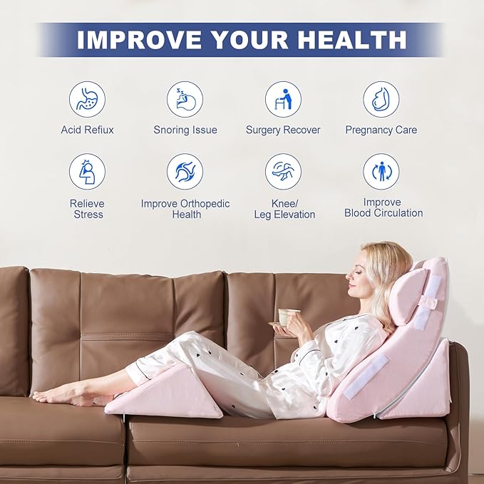 4PCS Orthopedic Bed Wedge Pillow Set for Post Surgery Recovery - Adjustable Memory Foam Support Pillows for Back/Leg/Shoulder Pain Relief, Acid Reflux & Anti Snoring Sleeping System, Pink