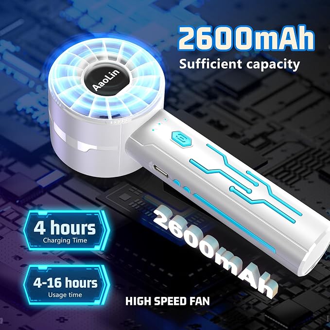 Portable High Speed Mini Handheld Fan, USB Rechargeable Neck Personal Mini Fan(7000 RPM high speed motor,Lasts 4-16 Hours) 4-speed powerful Wind Fans for Summer Outdoor Traveling,Gifts for Kids