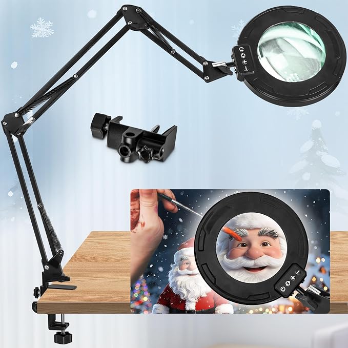 HITTI 12X Ultra Long Magnifying Glass with Light and Clamp, Swivel Arm | 5 Color Modes Steepless Dimming LED Desk Lamp, Hands Free Lighted Magnifier Stand for Workbench, Cross Stitch, Hobby