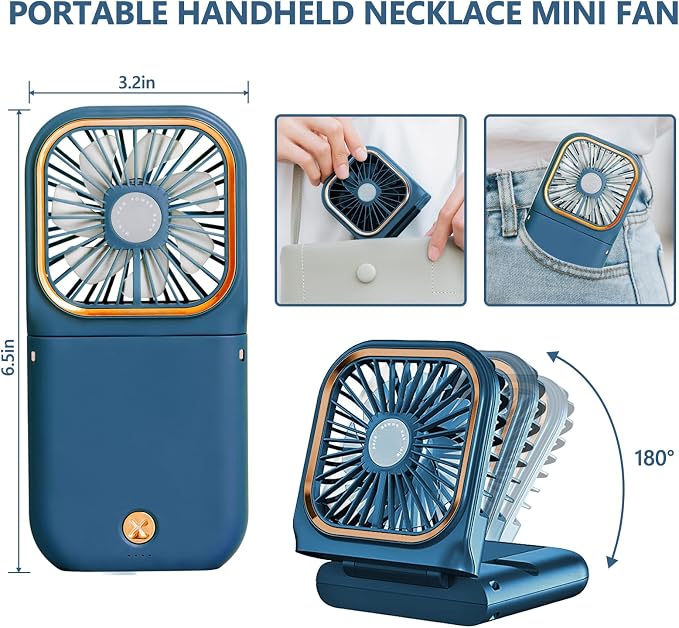 Portable Handheld Fan with Phone Holder, 3000mAh Power Supply Rechargeable Neck Fan with USB Output, Foldable Small Fan 0-180° Adjustable, Ultra Quiet Personal Cooling Fan for Travel Office Home