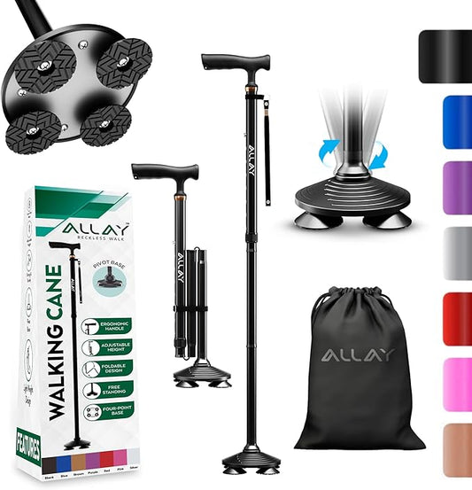 Allay Walking Canes for Men & Women - Adjustable Canes for Women for Stability, Self Standing Wide Quad Pivot Base, Light Weight, Soft Handle Grip and Travel Bag, Walking Sticks for Seniors