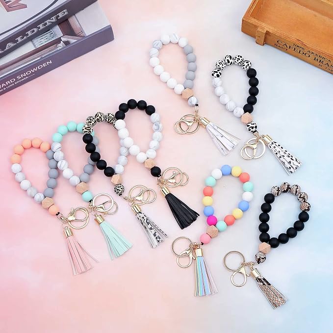 BAOSIWA Silicone Key Ring Bracelet Wristlet Keychain Unique Beaded Bangle Key Chains for Women with Leather Tassel