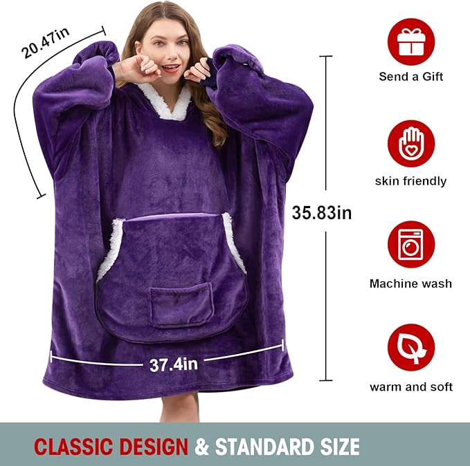 JOYWOO Purple Foldable Wearable Blanket Hoodie with Gloves,Oversized Cat Lovers Sweatshirt Blanket for Adult, Birthday Gifts for Women,Mom,Grandma,Cozy Sherpa Blanket with Giant Pocket Winter Gifts