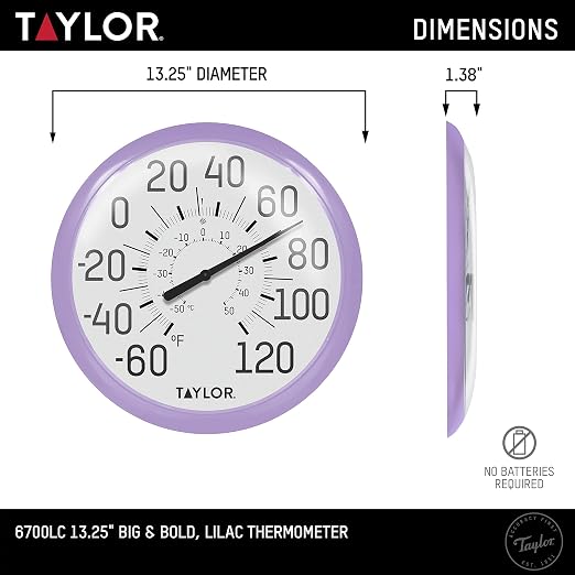 Taylor Big and Bold Wall Dial Thermometer, Indoor Outdoor Thermometer, Wireless Thermometer with Easy to Read Numbers for Patio, Pool, Garage and Indoor Areas, 13.25-inch, Lilac
