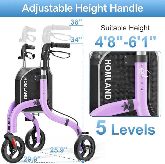 HOMLAND Foldable 3 Wheel Walkers for Seniors, Lightweight 10.4 lbs | with Cane & Cup Holder, Height Adjustable, 8'' big wheel, Lavender