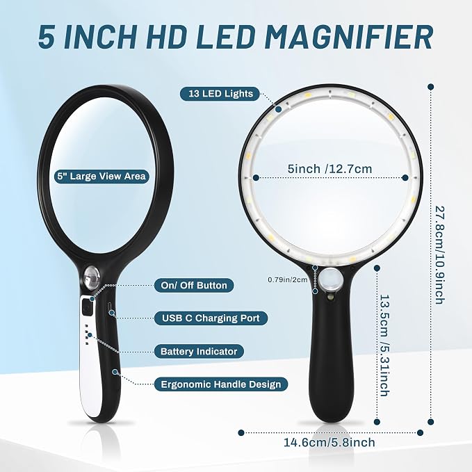 Large Magnifying Glass with Light: 10X 30X 5IN Lighted Handheld Magnifier with 13 LED Lights 3 Modes, 1150mAh Rechargeable Magnifying Lens Gift for Seniors Reading Coins Close Work-Black+White