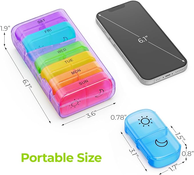 AUVON XL Weekly Pill Organizer 2 Times a Day with Large Opening for Easy Filling, AM PM Pill Box 7 Day in Rainbow Colors, Portable Travel Pill Case for Medication, Vitamins, Fish Oils, Supplements