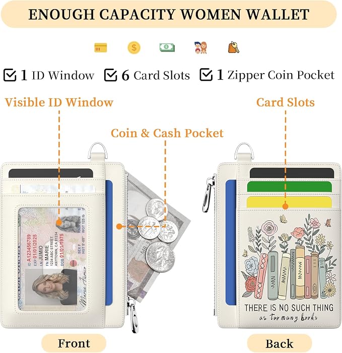 Hancynir Book Lover Floral Slim Wallet Women Credit Card Holder RFID Small | Zipper Pocket Wallet, Thin Travel Coin Purse, Ladies Women Gifts, Minimalist Card Case, 6 Card Slots, ID Window, PU Leather