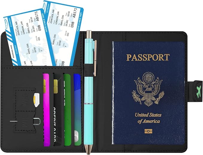 Passport Holder, Cute Travel Wallet Cover with RFID Blocking,Pawprint | PU leather travel wallet with magnetic closure, card slots, pen loop, and easy access for passports and essentials.