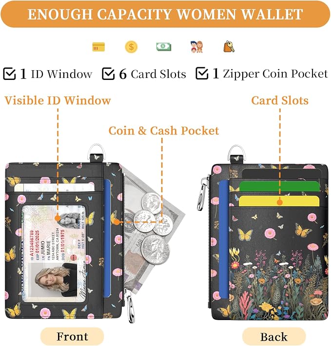 Hancynir Floral Slim Wallet Women Credit Card Holder, Wristlet RFID Small | Butterfly Keychain Wallet, Travel Zipper Coin Pocket, Cute Ladies Gifts Women, Minimalist Card Case, 6 Card Slot, PU Leather
