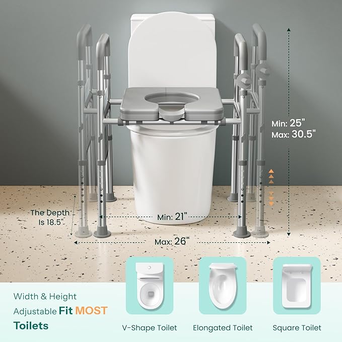 HOMEAL Raised Toilet Seat with Handles, Heavy-Duty 3in1 Bedside Commode Chair with Bucket for Seniors, Supports 450LBS, Adjustable Toilet Seat Riser with Arms for Bathroom Assistance