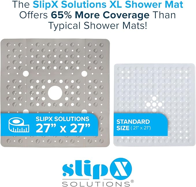 SlipX Solutions 27" Oversize Square Shower Mat, Non-Slip Mat for Elderly & Kids, 100+ Power Grip Suction Cups for Smooth Surfaces, Machine Washable, Solid Tan