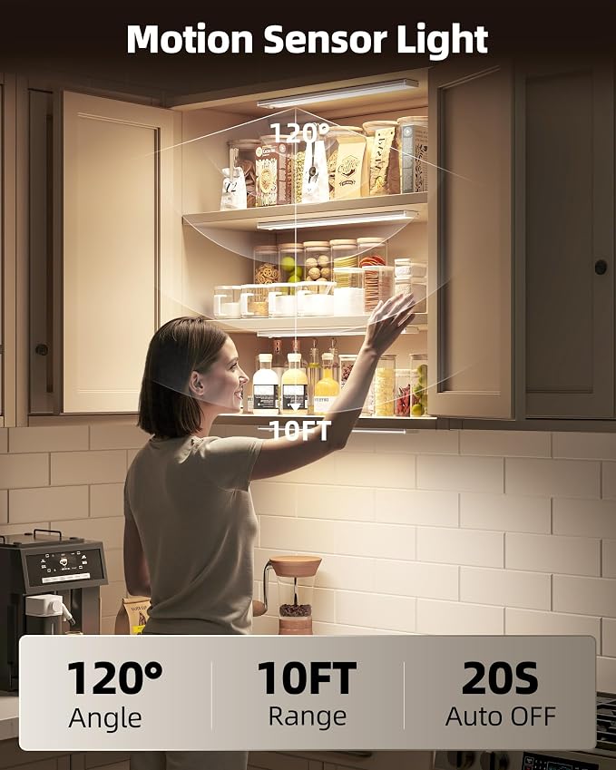 6Pack 16inch Under Cabinet Lighting, Rechargeable Motion Sensor Light Wireless Indoor, Dimmable 3 Color Temps Closet Lights with Remote, Under Counter LED Lights for Kitchen, Stairs
