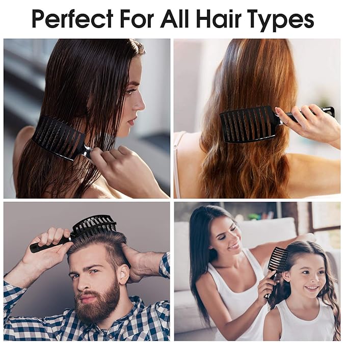 Hair Brush, Curved Vented Detangler Brush Faster Blow Drying for Women, Men | Professional Paddle Detangling Hairbrush for Wet Dry Curly Thick Fine Wavy Straight Hair, Reduce Breakage & Split Ends