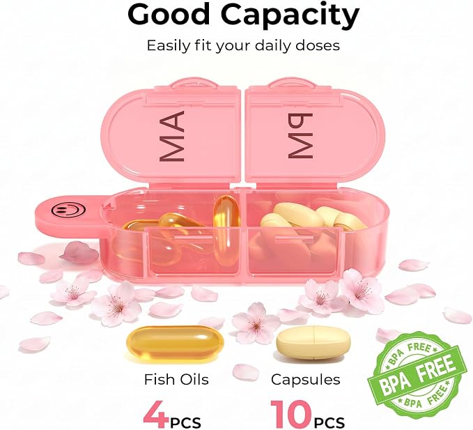 Daviky Monthly Pill Organizer 2 Times a Day - 30 Day Pill Box AM PM, BPA Free One Month Medicine Organizer Twice Daily, 31-Day Case to Hold Vitamins, Supplements & Medication, Pink