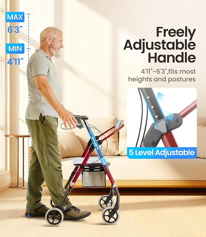 VOCIC Z11 Rollator Walker for Seniors with Seat, 380 LBS | Lightweight Design with Ergo Seat & Backrest, Height Adjustable & Easily Foldable for Seniors' Mobility, Blue