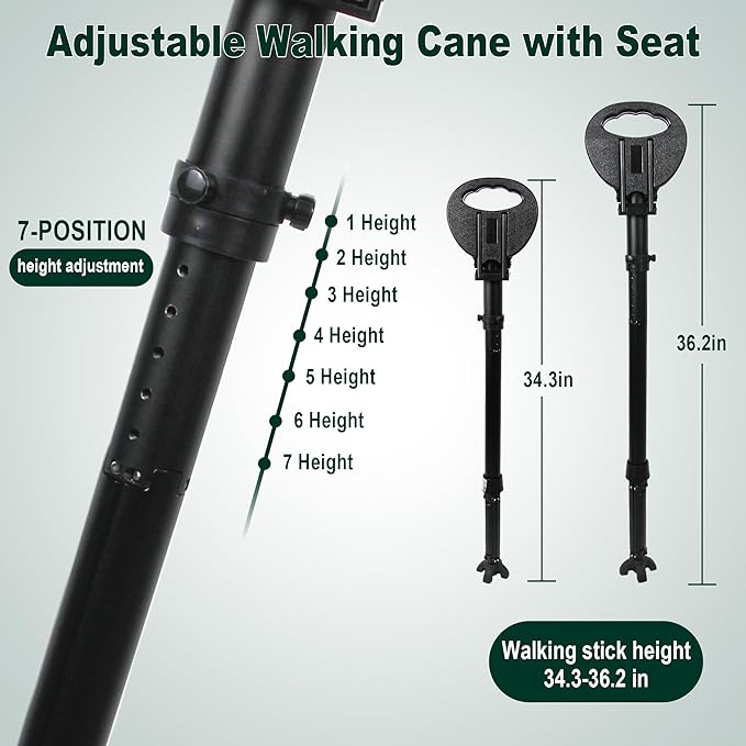 Adjustable Cane with Seat Folding Lightweight, Portable Cane Chair for Adults & Seniors, Walking Stick with Seat for Travel Hiking, with Cushion Carry Bag