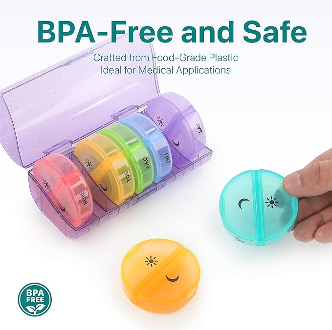 Sukuos Weekly Pill Organizer 7 Day 2 Times a Day, Large Daily Pill Box Easy to Open, Portable AM PM Pill Case for Medicine/Vitamin/Fish Oil/Supplements (Glitter Purple)