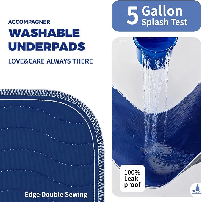 Accompagner Incontinence Bed Pads Washable Waterproof, Ultra-Absorbent Reusable Underpads for Diaper Changing, Nursing, Bedridden, Adults, Seniors, Kids and Dogs (Navy, 24"x24"(Pack of 4))