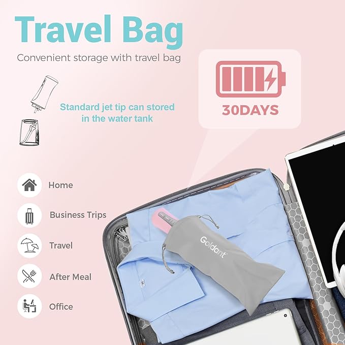 350ML Water Dental Flosser Teeth Pick with Travel Bag, 5 Modes Portable Cordless Oral Irrigator Cleaner, Electric Rechargeable IPX7 Waterproof for Home Travel Teeth Cleaning flossing (Pink)