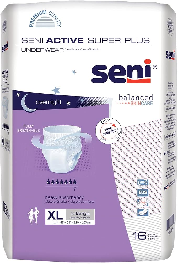 Seni Active Super Plus Unisex Adult Incontinence Underwear, Heavy Absorbency, Pull On Disposable Overnight Underwear for Men & Women (X-Large, 32, Count)