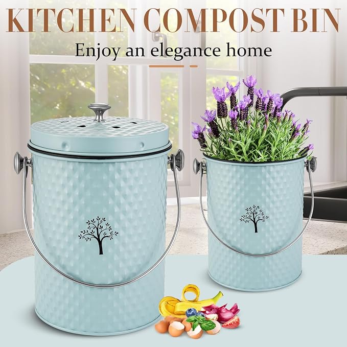 Countertop Kitchen Odorless Compost Bin with Removable Inner Bucket | 1 Gallon Composter Container,Includes 50 Compost Bags,2 Carbon Filters,Compost Bucket, ideal for food scraps,coffee grounds