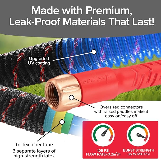 Pocket Hose Ballistic 75 FT Expandable Garden Hose, No-Kink, As Seen on TV | Anti-burst sleeve reinforced with bulletproof fiber, 360° swiveling pocket pivot connector, lightweight compact design