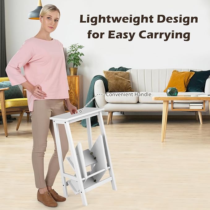 Costzon Folding 3 Step Stool, 3 in 1 Wooden Step Ladder with Handle, Non-Slip Pedal, Multifunctional Storage Shelf, Flower Rack for Kitchen, Library, Garage, Foldable Step Stool for Adults Kids