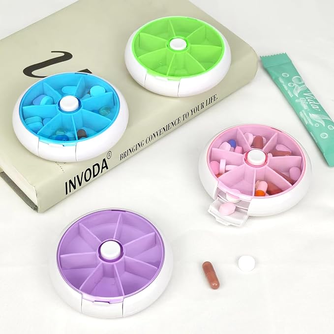 Pill Organizer Travel Pill Case for Purse Portable Pill Box Round Weekiy Pill Container for Vitamin Fish Oil Pills Supplements