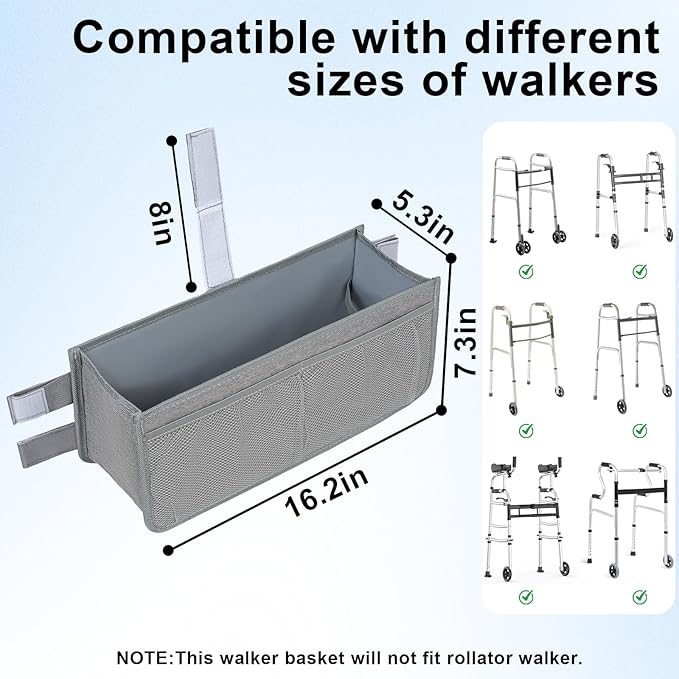 FREEAMG Walker Basket for Folding Walker, Large Capacity Foldable Walker Bag, Walker Storage Bag With Cup Holder, Detachable Walker Accessories Basket for Seniors (Grey)