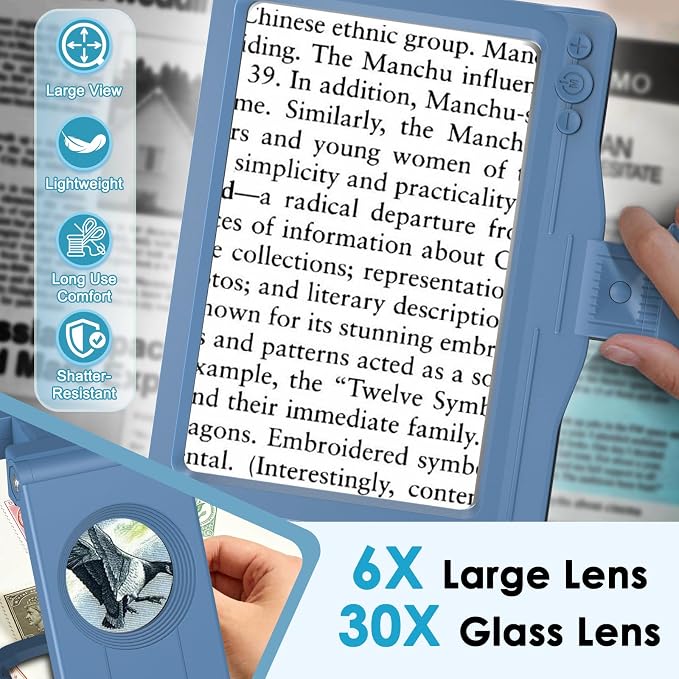 30X 6X Rechargeable Magnifying Glass for Reading, Large Full Page Magnifier with Folding Stand, 3 Color Light Modes, Dimmable LED Lighted, Hands Free Book Magnifier for Low Vision Seniors, Blue
