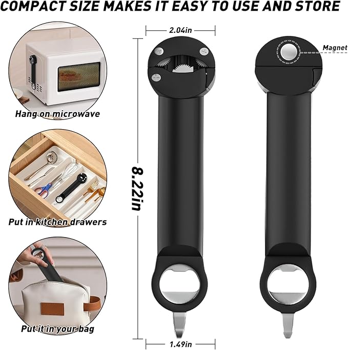 Jar Opener Bottle Opener for Seniors with Arthritis, Multi Retractable Magnetic Can Opener, Jar Grippers for Opening Jars, Kitchen Gadgets for Weak Hands and Senior Arthritis (Black)