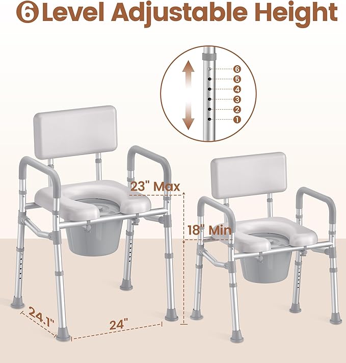 soundfuse Bedside Commode Toilet, Padded Seat and Backrest, Aluminum Frame | Height Adjustable, Dual-Crossbar, Portable Toilet for Seniors and Adults, Removable Potty Bucket, Tool-Free Assembly, 350 lbs