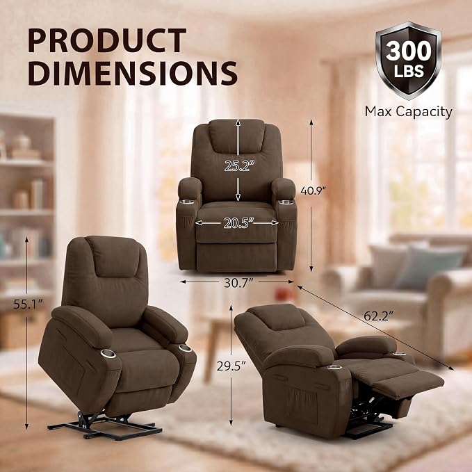 JUMMICO Power Lift Recliner Chair for Elderly with Vibration Massage | Recliner Chair Ergonomic Lift Chair Cup Holder for Living Room (Leathaire, Dark Brown)