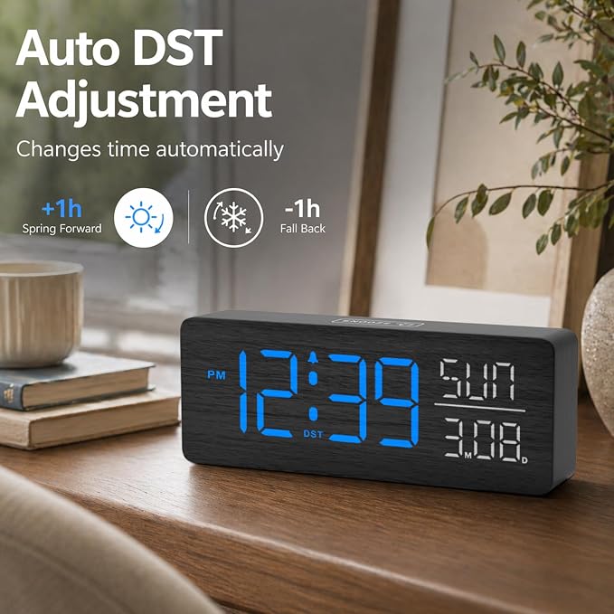 Peakeep Wooden Digital Alarm Clock Large Display, Textured Decoration for Bedroom, Living Room, Plug in Clock with Time Date Day, 5 Brightness, Auto DST