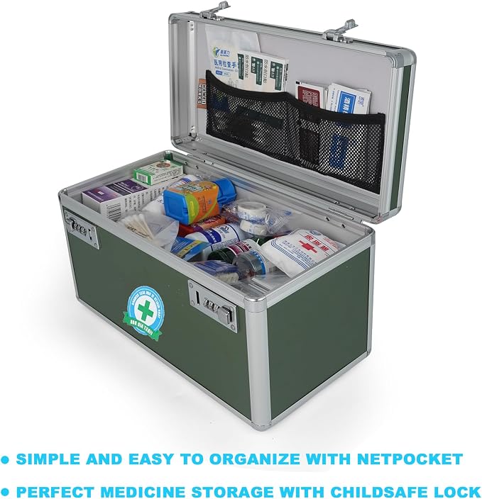 Medication Lock Box With Combination - Lockable Medicine Storage, Empty First Aid, Security Lock, Medical Organizer, Multipurpose Locking for Home and Outdoor (Green, Large)