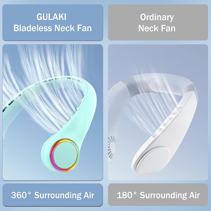 GULAKI Portable Neck Fan, Personal Fan with 4000mAh Battery, Rechargeable Neck Fan with 3 Speeds and 64 Cool Lights, Birthday Gifts for Men Women Mom Dad, Hands Free Cooling fan for Summer(Green)