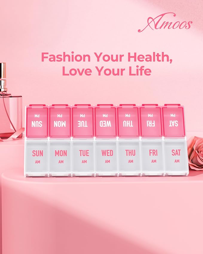 AMOOS Weekly Pill Organizer 2 Times a Day, Stylish Pill Box 7 Day AM PM with Large Compartments, Pill Case Easy to Use, BPA-Free Pill Container for Vitamins, Fish Oils, Supplements, Medicines, Pink