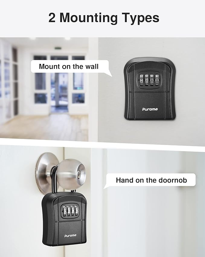 Puroma Key Lock Box Outdoor 4 Digit Code Combination Lockbox House, 1 Black | For Contractors Guest Realtor Storage Keys, Portable, Home Wall Mount, Resettable, Combination, Weatherproof, High-capacity