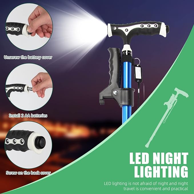 Hold 440 Lbs Walking Cane for Men & Women Aluminum Alloy Lightweight Height Adjustable Walking Stick Heavy Duty Foldbale Free Standing Cane with LED for Seniors Adults