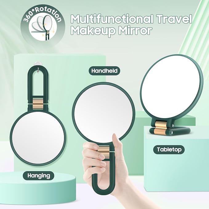 B Beauty Planet 40X Magnifying Mirror, Hand Mirror with Handle, Double Sided Hand Mirror with 40X/1X Magnification, Travel Essential Portable Foldable Makeup Mirror for Precision Makeup Green