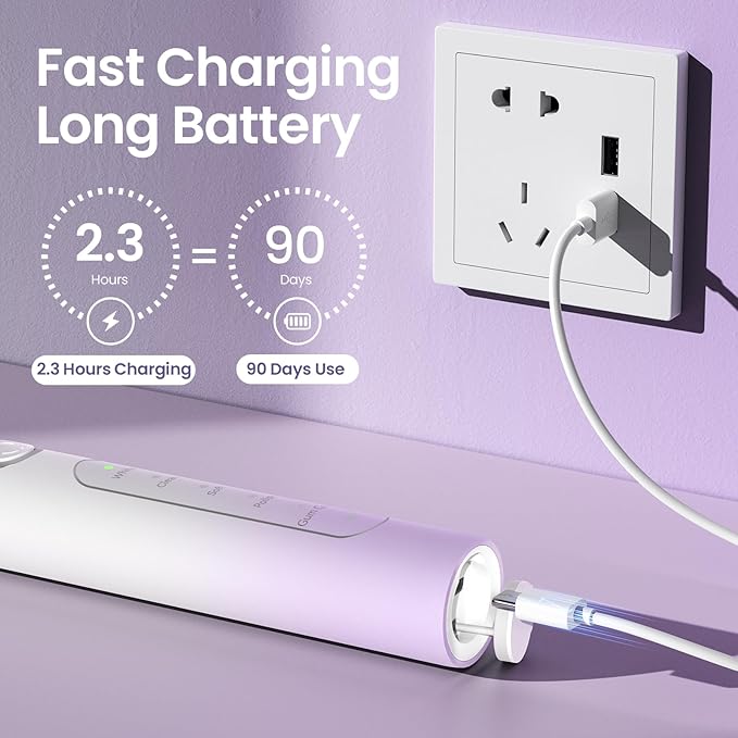 YUNCHI Electric Toothbrush Birthday/Valentine Plastic 8 Dupont Heads 24-Mo Deep Cleans Gentle Gums Removes Stains 3Hr USB-C 90d 2-Min Timer/30s IPX7 - Purple